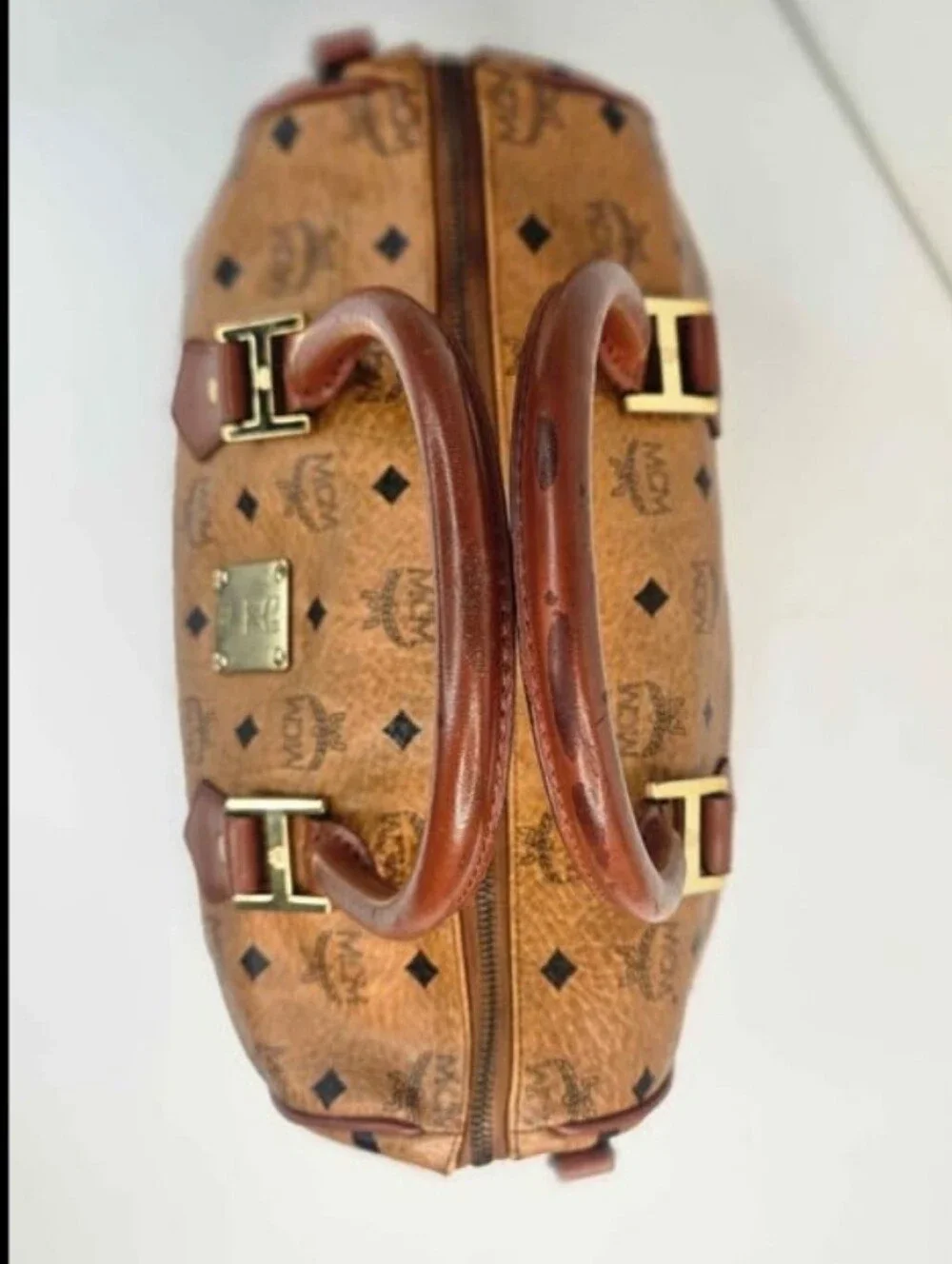 Authentic MCM Monogram Visetos Cognac Boston Satchel Handbag